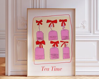 Red Bow Poster, Tea Time Wall Art Print, Coquette Wall Art, Bow Aesthetic Poster, Coquette Room Decor, Coquette Art Print, Bow Kitchen Decor