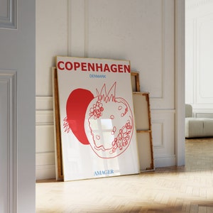 Illustrated Denmark Poster, Red Trendy Poster Aesthetic, Scandinavian Art Digital Download, Fruit Poster Printable Wall Art, Apartment Decor