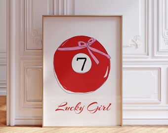 Pool Ball Poster, Trendy Lucky Girl Aesthetic Wall Art, Downloadable Retro Wall Art, Red Trendy Wall Art, It Girl Aesthetic Wall Art,