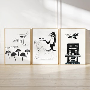 Vintage Beach Set Of 3 Digital Prints, Trendy Wall Art Bundle, Black & White Digital Prints, Bar Cart Digital Art, Trendy Modern Wall Art