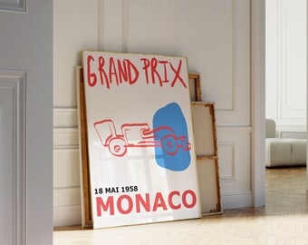 Plakat Grand Prix Monako, ręcznie ilustrowany plakat Formuły 1, eklektyczny plakat retro z wyścigami, modna czerwona sztuka ścienna, estetyczna dekoracja ścienna dla dziewczyn