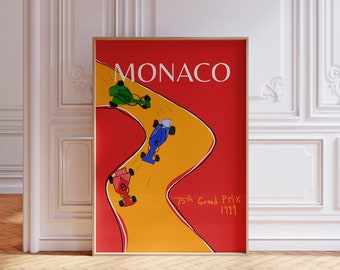 Könnte beinhalten: Ein rotes und gelbes Poster mit dem Text "MONACO" in Weiß. Das Poster zeigt eine gelbe Rennstrecke mit vier Rennwagen in Rot, Grün, Blau und Schwarz. Der Text "75th Grand Prix 1999" befindet sich in der rechten unteren Ecke.