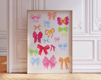 Kleurrijke Bow Print, Preppy Coquette Poster, Girly Apartment Art, Leuke downloadbare Print, Preppy Wall Decor, Girly Preppy Bow Print