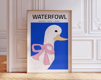 Coquette Duck Poster, Funky Pink Bow Art Print, Downloadable Eclectic Wall Art, Pink Eclectic Printable Digital Print, Maximalist Art Print