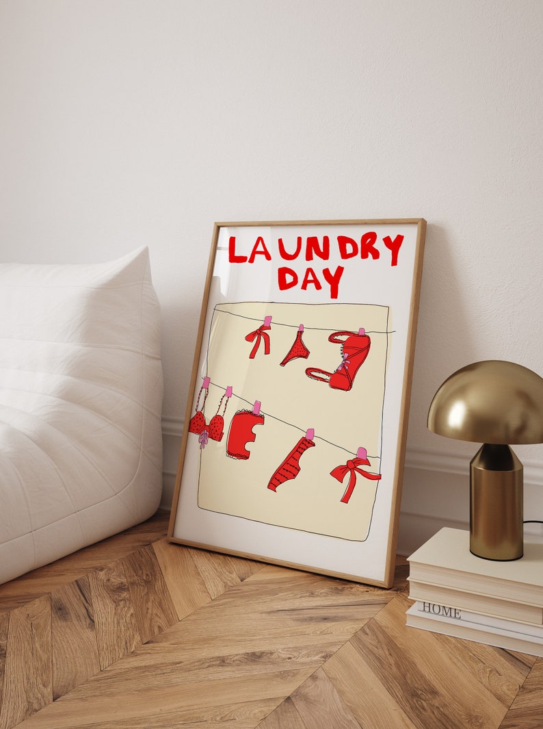 Red Bow Poster, Coquette Laundry Day Wall Art, Hand Illustrated Trendy