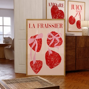 Cartel de moda dibujado a mano, lindo arte de pared imprimible de fresa, descarga digital, impresión de arte de frutas, arte digital, arte de pared de moda, decoración del hogar