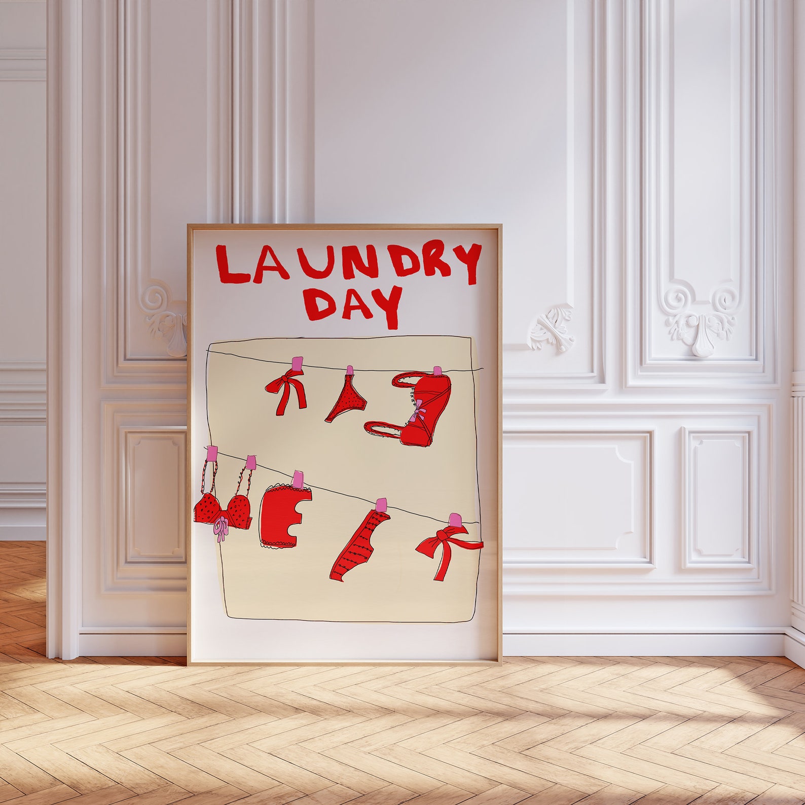 Red Bow Poster, Coquette Laundry Day Wall Art, Hand Illustrated Trendy