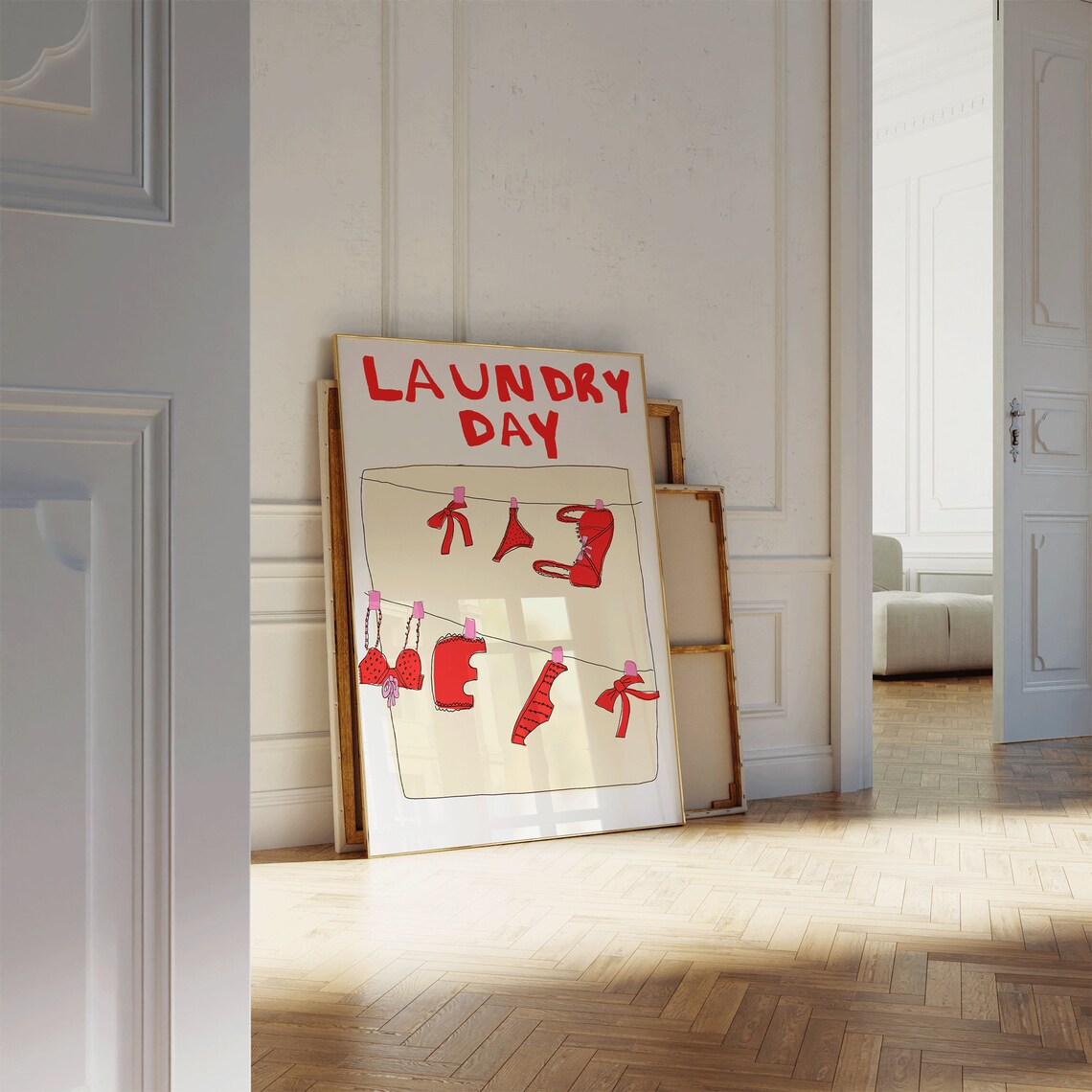 Red Bow Poster, Coquette Laundry Day Wall Art, Hand Illustrated Trendy