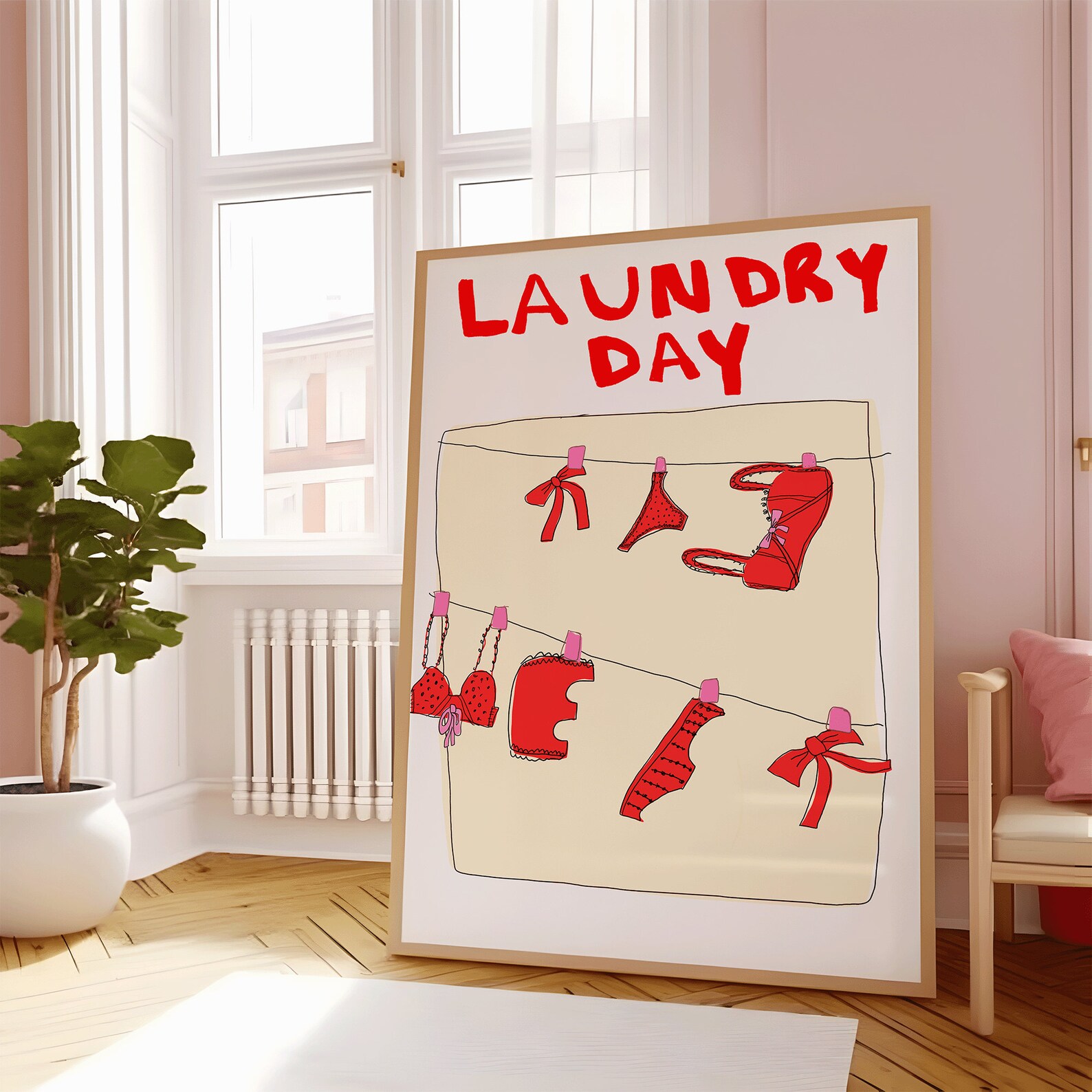 Red Bow Poster, Coquette Laundry Day Wall Art, Hand Illustrated Trendy