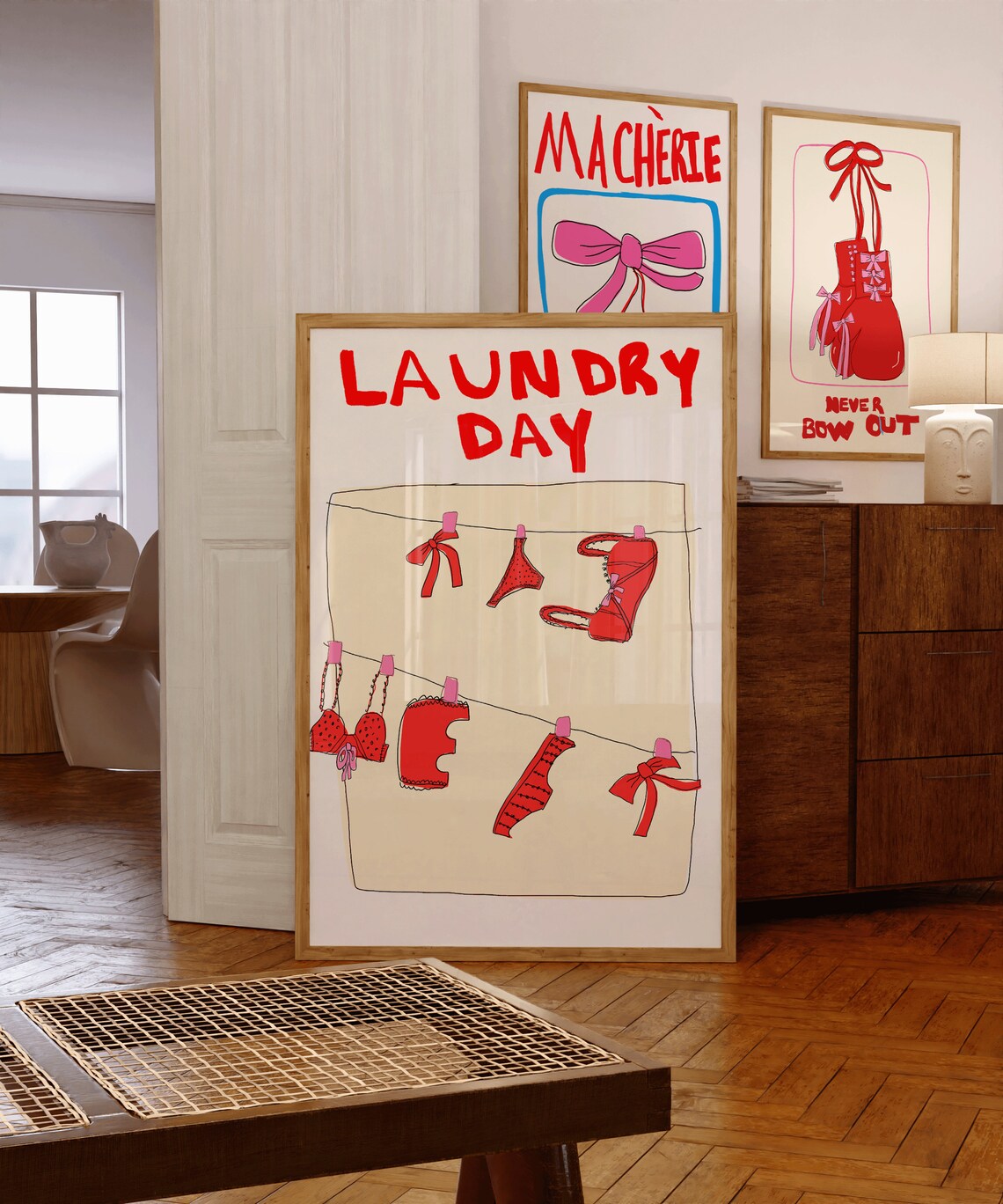 Red Bow Poster, Coquette Laundry Day Wall Art, Hand Illustrated Trendy