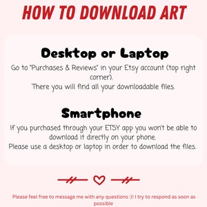 Może przedstawiać: Grafika w kolorze r&oacute;żowym i białym z tekstem "HOW TO DOWNLOAD ART" w kolorze czerwonym. Grafika zawiera instrukcje dotyczące pobierania cyfrowej sztuki zakupionej na Etsy.com. Instrukcje dotyczą zar&oacute;wno komputer&oacute;w stacjonarnych, jak i urządzeń mobilnych.