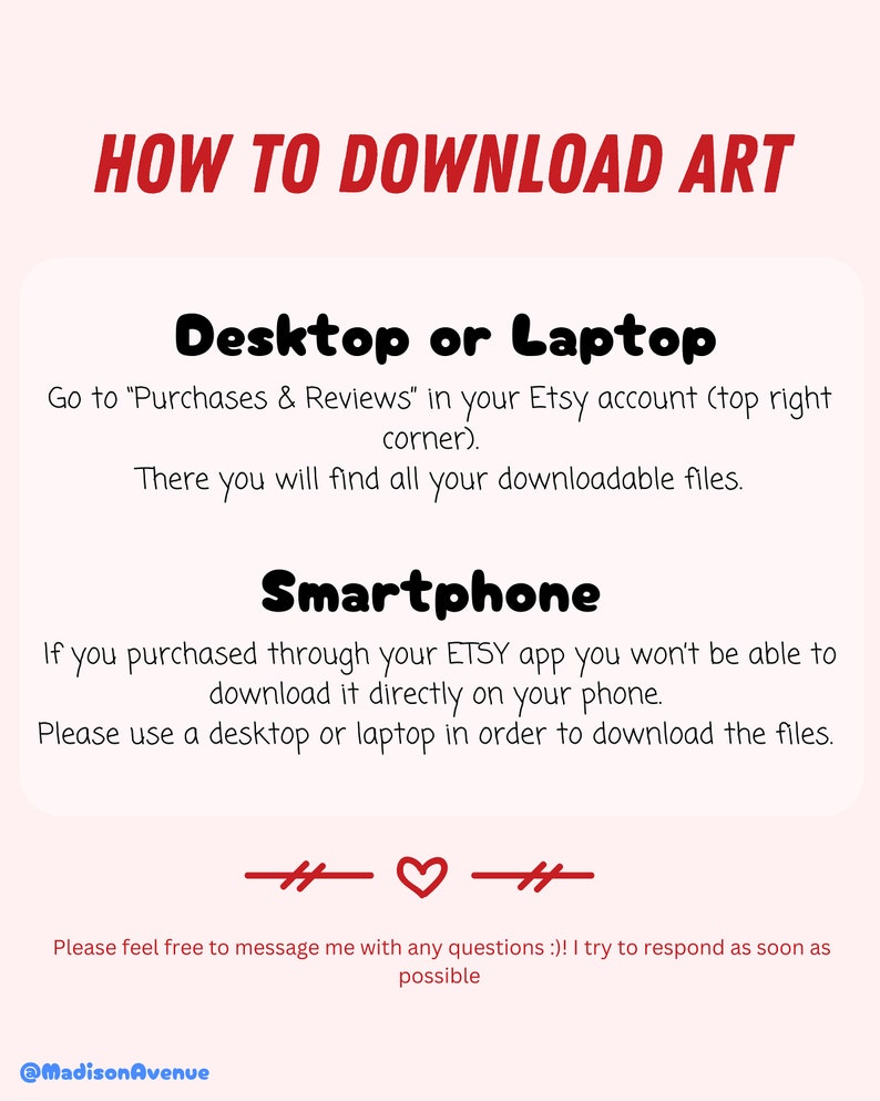 Może przedstawiać: Grafika w kolorze r&oacute;żowym i białym z tekstem "HOW TO DOWNLOAD ART" w kolorze czerwonym. Grafika zawiera instrukcje dotyczące pobierania cyfrowej sztuki zakupionej na Etsy.com. Instrukcje dotyczą zar&oacute;wno komputer&oacute;w stacjonarnych, jak i urządzeń mobilnych.