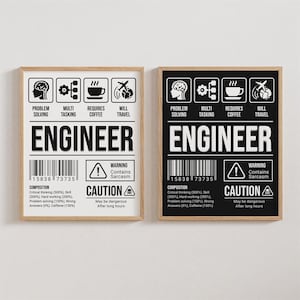 Può includere: Due poster in bianco e nero con la parola "Ingegnere" in grandi lettere bianche. I poster hanno un codice a barre e un'etichetta di avvertenza che dice "Contiene sarcasmo". I poster presentano anche un elenco di competenze e requisiti per essere un ingegnere, tra cui la risoluzione dei problemi, il multitasking, il caffè e i viaggi.