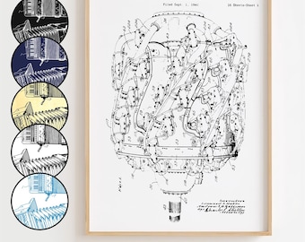 Radial flygplansmotorritning, poster med patent för radial flygplansmotor, minimalistisk väggkonst, presentdekor [URRAMAD]