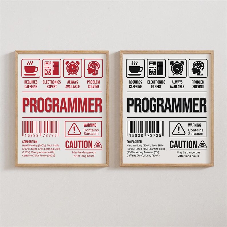 May include: Two red and black warning signs with the word "PROGRAMMER" in large red letters. The signs are framed in wood and have a barcode, a warning symbol, and a list of the composition of a programmer, including hard working, tech skills, sleep, learning skills, wrong answers, caffeine, and funny.