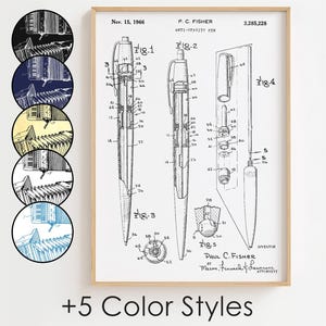 以下が含まれることがあります： 反重力ペンに関する特許の白黒線画。特許図面は、ペンを組み立て中のさまざまな段階で示しています。特許番号は3,285,228、日付は1966年11月15日です。発明者はポール・C・フィッシャーです。