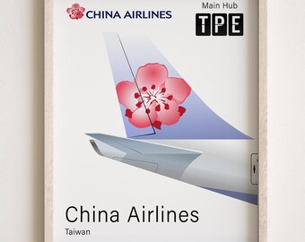 China Airlines-affisch, China Airlines-tryck med stjärtflygplan, minimalistisk [URAMAD]