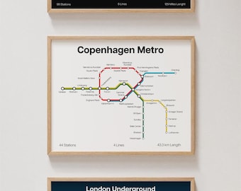 Köpenhamns tunnelbana-affisch, Danmarks tunnelbana-tryck minimalistisk, väggkonst presentdekor [UTAN INRAMNING]