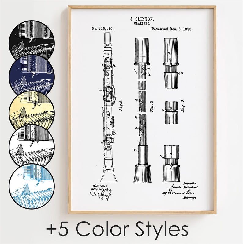 Clarinet Blueprint Poster, Clarinet Patent Wall Art Minimalistic, Gift ...