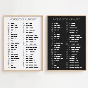 May include: Two black and white posters with the Morse code alphabet. The left poster has a white background and black text. The right poster has a black background and white text.
