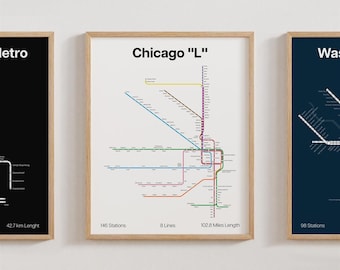 Chicago L Metro Poster, USA Subway Print Minimalistisk, Väggkonst Presentdekor [URRAMAD]