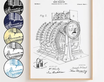 Kassaapparat-ritning, kassaapparat-patentväggkonst minimalistisk, presentdekor [URAMAD]