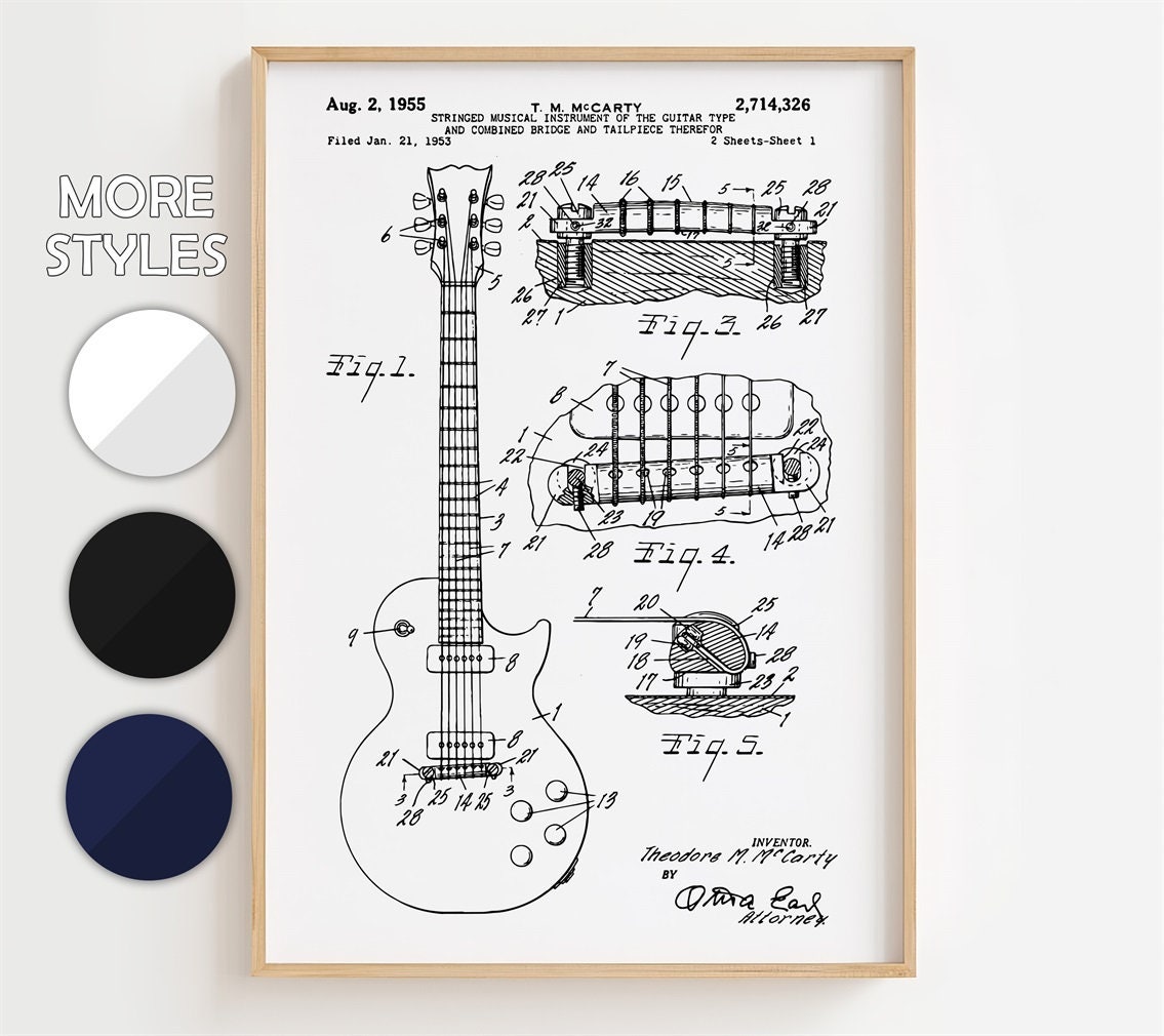 Gibson Les Paul Blueprint Poster, Patent Wall Art Minimalistic, Gift ...
