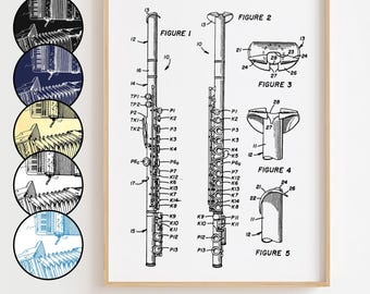 Flute Blueprint Poster, Flute Patent Wall Art Minimalistic, Gift Decor [UNFRAMED]