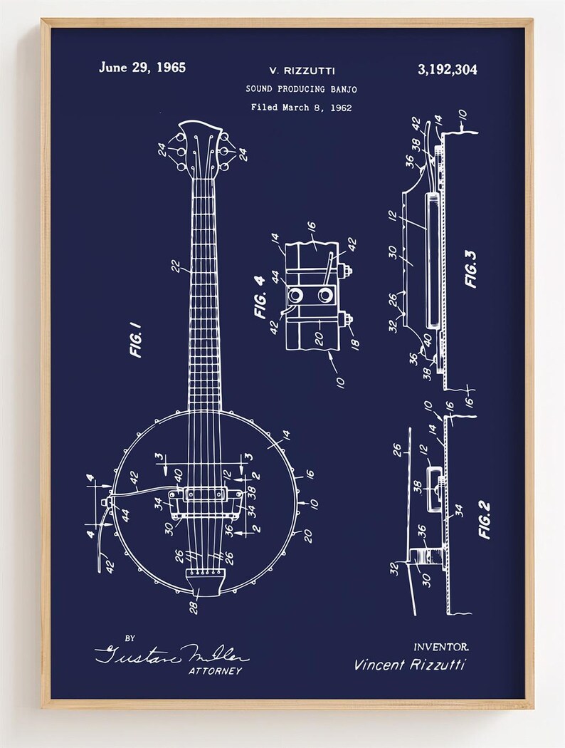 Banjo Blueprint Poster, Banjo Patent Wall Art Minimalistic, Gift Decor ...