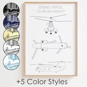 May include: A black and white line drawing of a Boeing Vertol CH-46 Sea Knight helicopter. The helicopter is shown in three different views: from the front, from the side, and from above. The text "BOEING VERTOL CH-46 SEA KNIGHT" is printed at the top of the image. The text "+5 Color Styles" is printed at the bottom of the image.