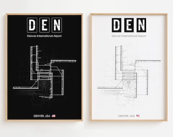 Cartel del aeropuerto de Denver, impresión minimalista del aeropuerto de EE. UU., decoración de regalo [UNFRAMED]