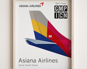 Asiana Airlines-affisch, Asiana Airlines-tryck med stjärtflygplan, minimalistisk [URAMAD]