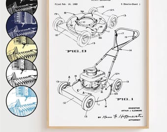 Lawn Mower Blueprint Poster, Lawn Mower Patent Wall Art Minimalistic, Gift Decor [UNFRAMED]