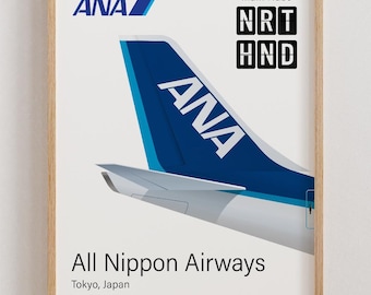 ANA All Nippon Airlines-affisch, ANA All Nippon Airlines-tryck med stjärtflygplan, minimalistisk [URRAMAD]