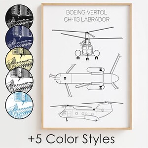 May include: A framed print featuring a black and white line drawing of a Boeing Vertol CH-113 Labrador helicopter. The print includes three different views of the aircraft and the text "BOEING VERTOL CH-113 LABRADOR" and "+5 Color Styles".