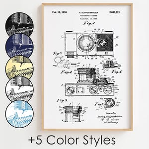 以下が含まれることがあります： 写真カメラの特許の白黒線画。特許のタイトルは「写真カメラ」で、1934年11月15日に出願されました。特許番号は2,031,321です。特許図面は、カメラの内部機構の詳細な図を示しています。