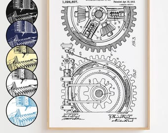 Gears Blueprint Poster, Gears Patent Wall Art Minimalistic, Gift Decor [UNFRAMED]