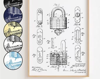Lock Blueprint Poster, Lock Patent Wall Art Minimalistic, Gift Decor [UNFRAMED]