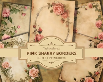 25 Pink Shabby Rose Borders, Journal Papers, Victorian Style, 8.5x11 inch, Printable, Floral Design, Scrapbooking, Digital Download