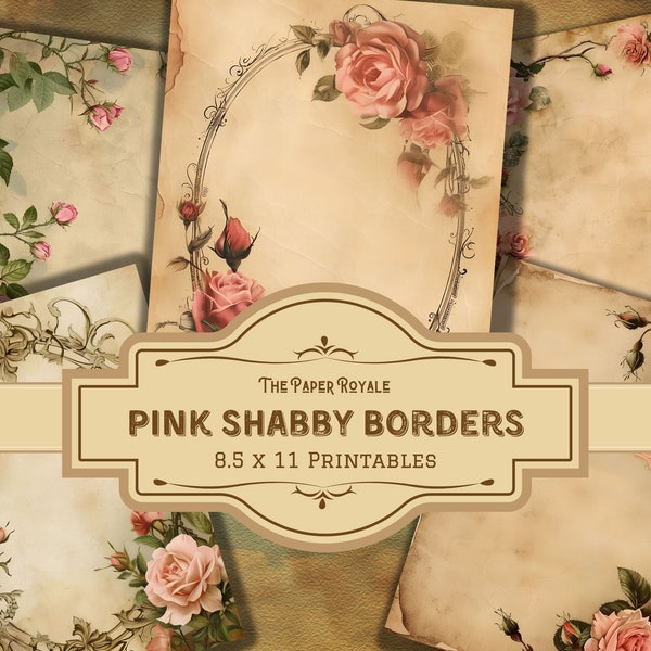 25 Pink Shabby Rose Borders, Journal Papers, Victorian Style, 8.5x11 inch, Printable, Floral Design, Scrapbooking, Digital Download