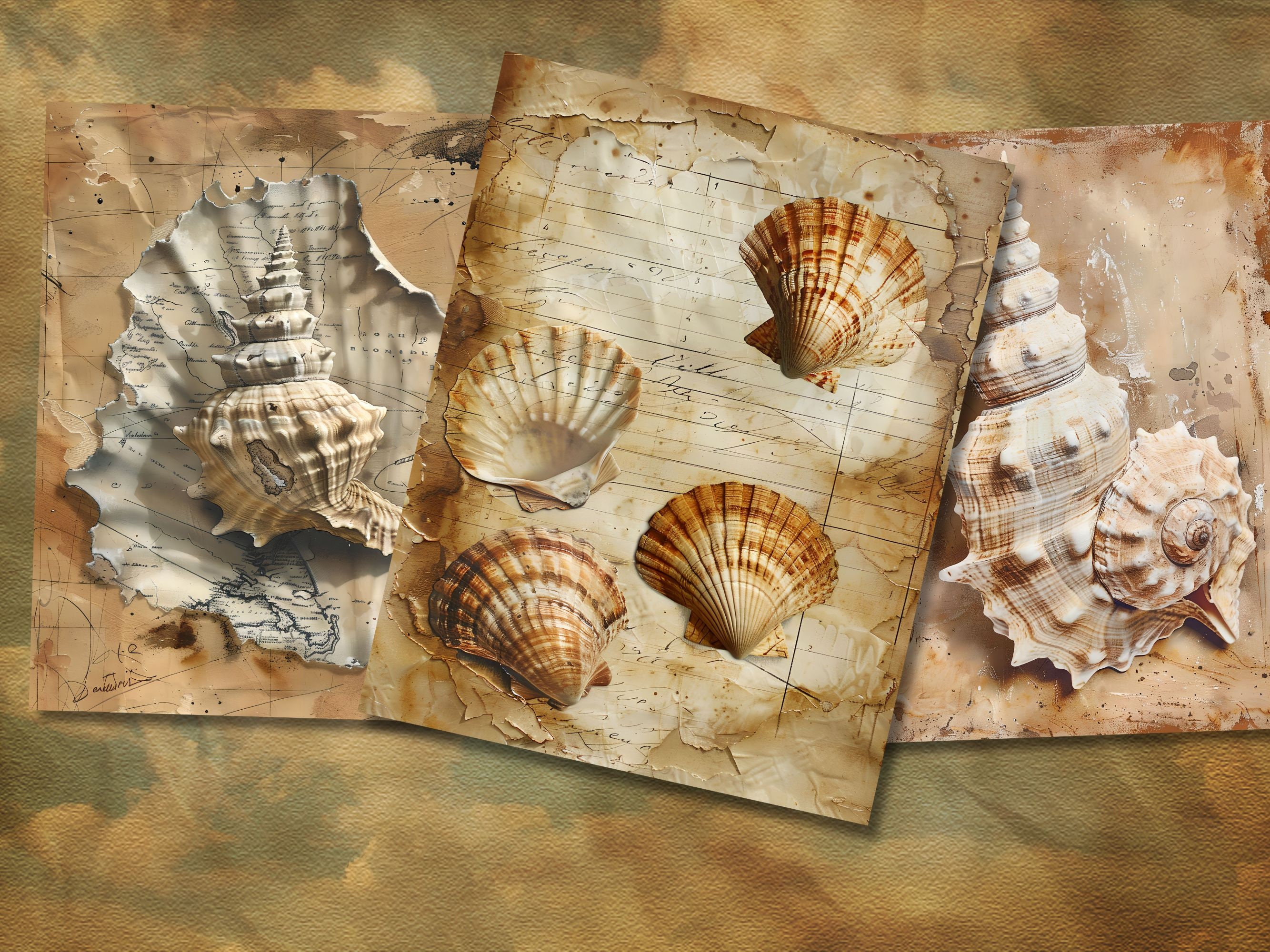 21 Vintage Seashell Papers, 8.5x11 Inch, Printable, Nautical Theme, Scrapbooking, Digital ...
