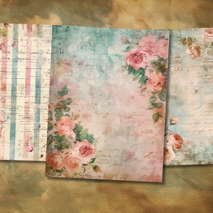May include: Three digital paper backgrounds featuring a vintage aesthetic with pink roses, faded blue and pink stripes, and handwritten text.