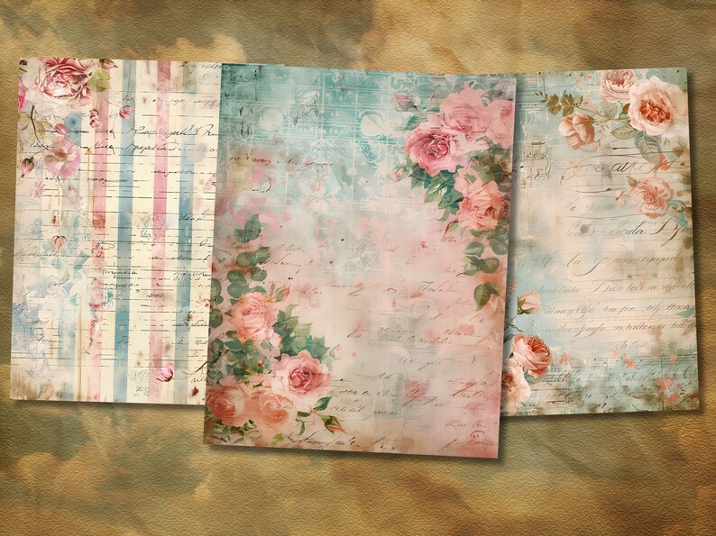 May include: Three digital paper backgrounds featuring a vintage aesthetic with pink roses, faded blue and pink stripes, and handwritten text.