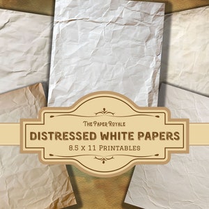 May include: A collection of distressed white paper sheets with a vintage aesthetic. The papers are crumpled and aged, with visible textures and imperfections. The image includes a banner that reads "DISTRESSED WHITE PAPERS 8.5 x 11 PRINTABLES".