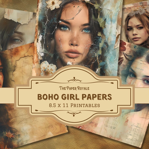 23 Boho Girl Journal Papers, Junk Journal Pages, 8.5x11 inch, Printable, Scrapbooking, Bohemian Chic, Digital Download, Art Journaling