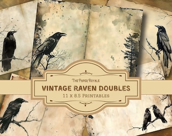 16 Vintage Raven Doubles, Junk Journal Papers, 11x8.5 inch, Printable, Double Page Spreads, Scrapbooking, Digital Download