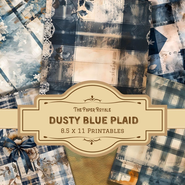 32 Dusty Blue Plaid Papers, Junk Journal Papers, Grunge, Neutral, 8.5x11 inch, Printable, Rustic Design, Scrapbooking, Digital Download