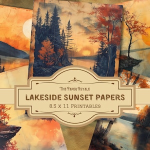 24 Lakeside Sunset Papers, 8,5x11 inch, afdrukbaar, schilderachtige decoratieve pagina's, scrapbooking, digitale download, ongewenste dagboekpagina's