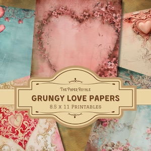23 Grungy Love Papers, Hearts Grungy Junk Journal Papers, Valentine&#39;s Day, Romantic Paper, 8.5x11 inch, Printable, Scrapbooking