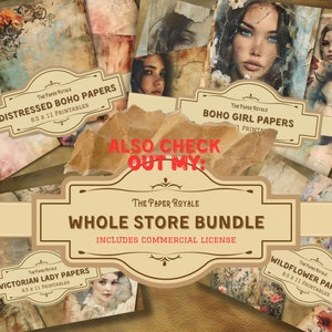 May include: A collage of digital paper designs featuring distressed textures, floral patterns, and portraits of women. The papers are 8.5 x 11 inches and are available as a bundle with a commercial license. The text "ALSO CHECK OUT MY: WHOLE STORE BUNDLE INCLUDES COMMERCIAL LICENSE" is displayed on a brown background.